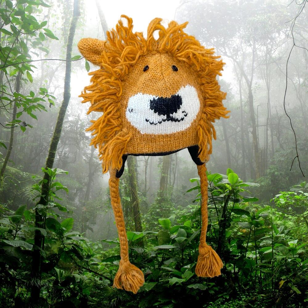 Lion Beanie Hat 100% Wool Handmade Nepal Laplander Earflap Animal Cap Youth OS